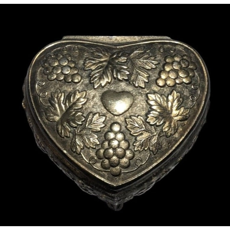Vintage Silver Plate Japanese Heart Floral Trinket Box