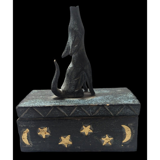 Vintage Howling Wolf Carved Wooden Trinket Box