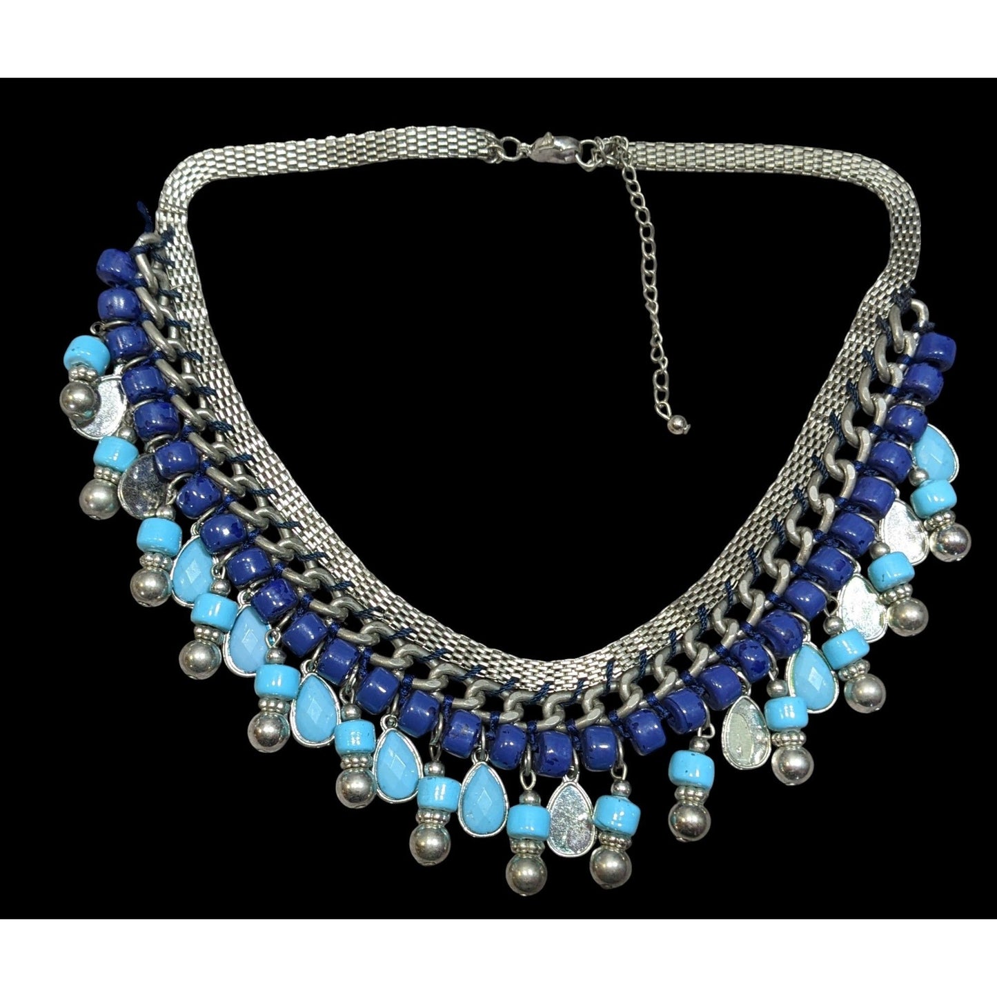 Bohemian Fringe Blue And Silver Tone Beaded Necklace