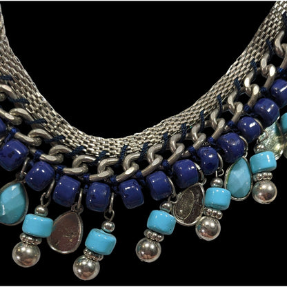 Bohemian Fringe Blue And Silver Tone Beaded Necklace