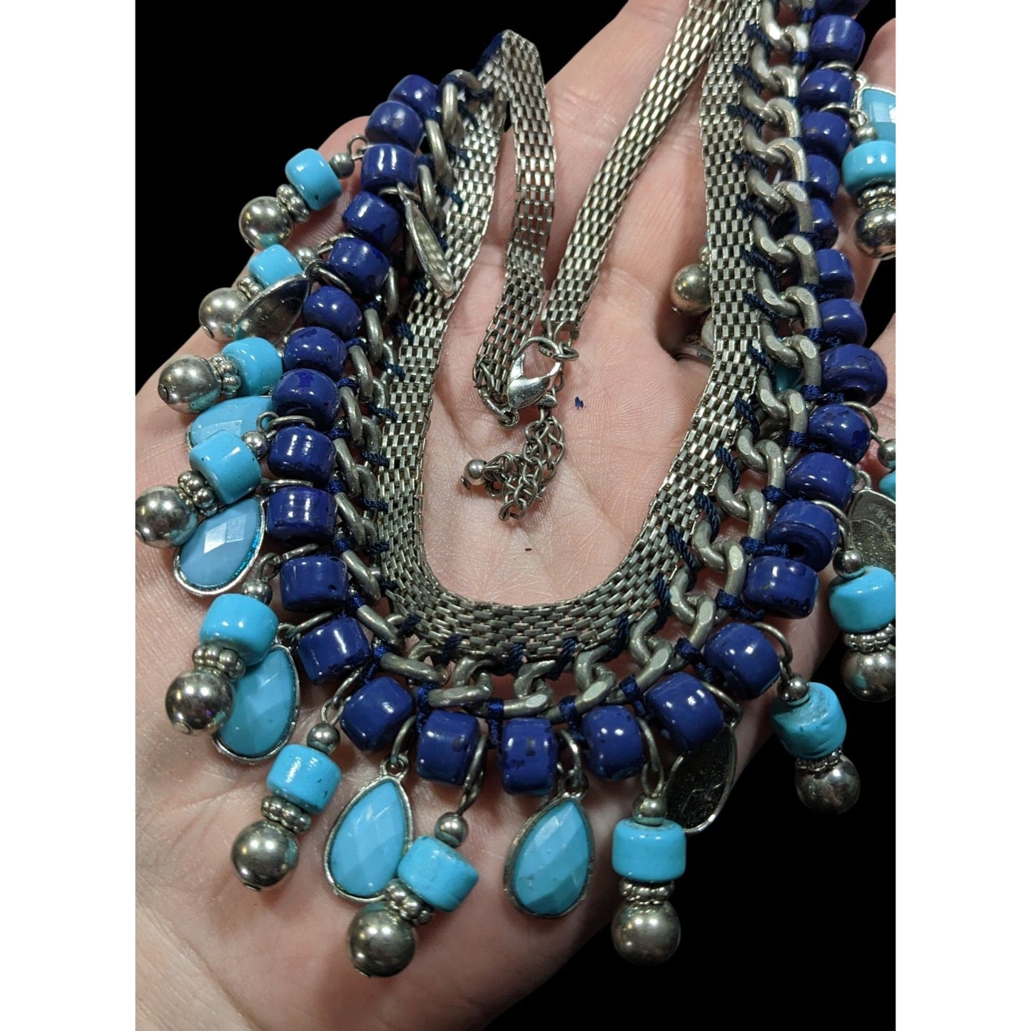 Bohemian Fringe Blue And Silver Tone Beaded Necklace