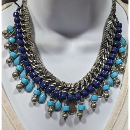 Bohemian Fringe Blue And Silver Tone Beaded Necklace