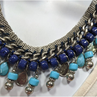 Bohemian Fringe Blue And Silver Tone Beaded Necklace