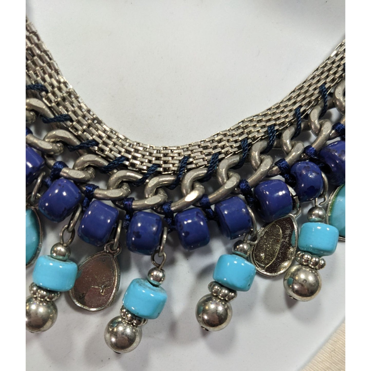 Bohemian Fringe Blue And Silver Tone Beaded Necklace