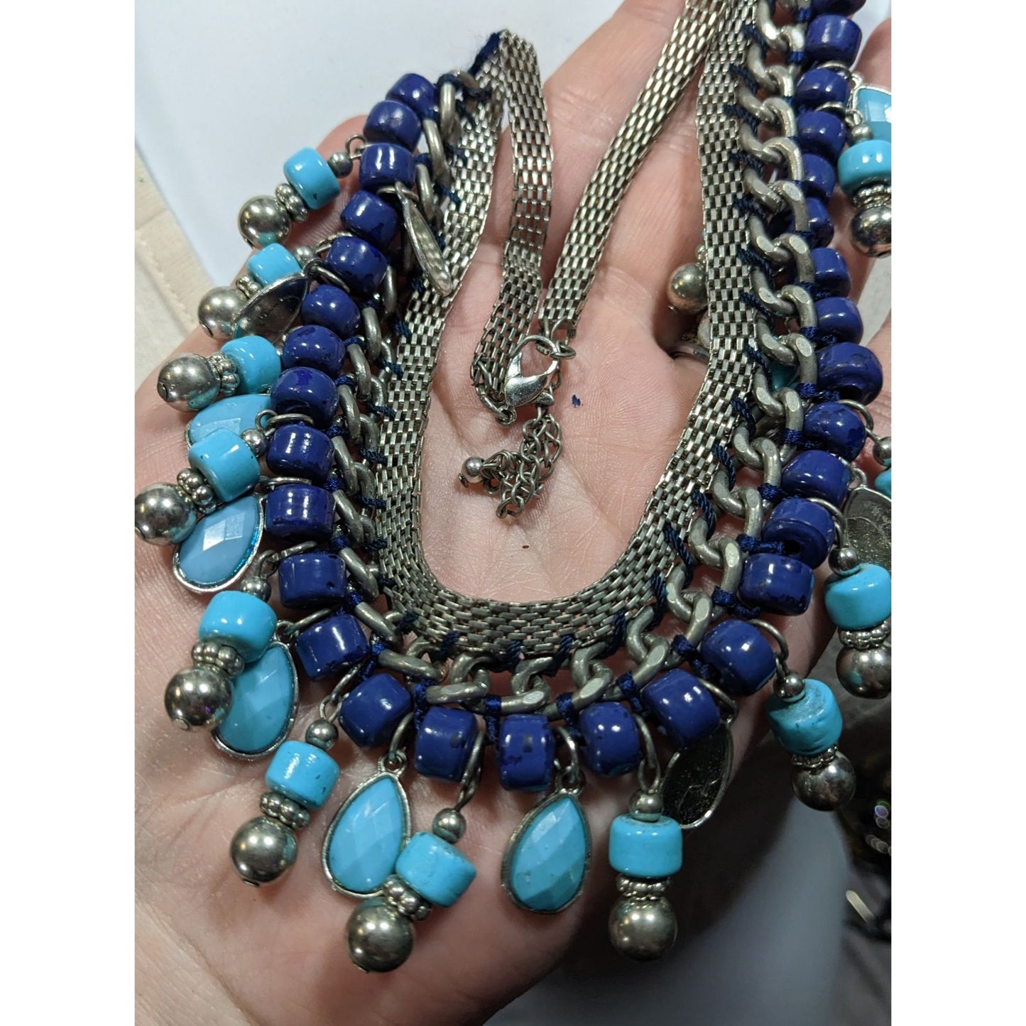 Bohemian Fringe Blue And Silver Tone Beaded Necklace