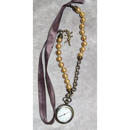 Upcycled Victorian Style Pearl Ribbon Watch Necklace