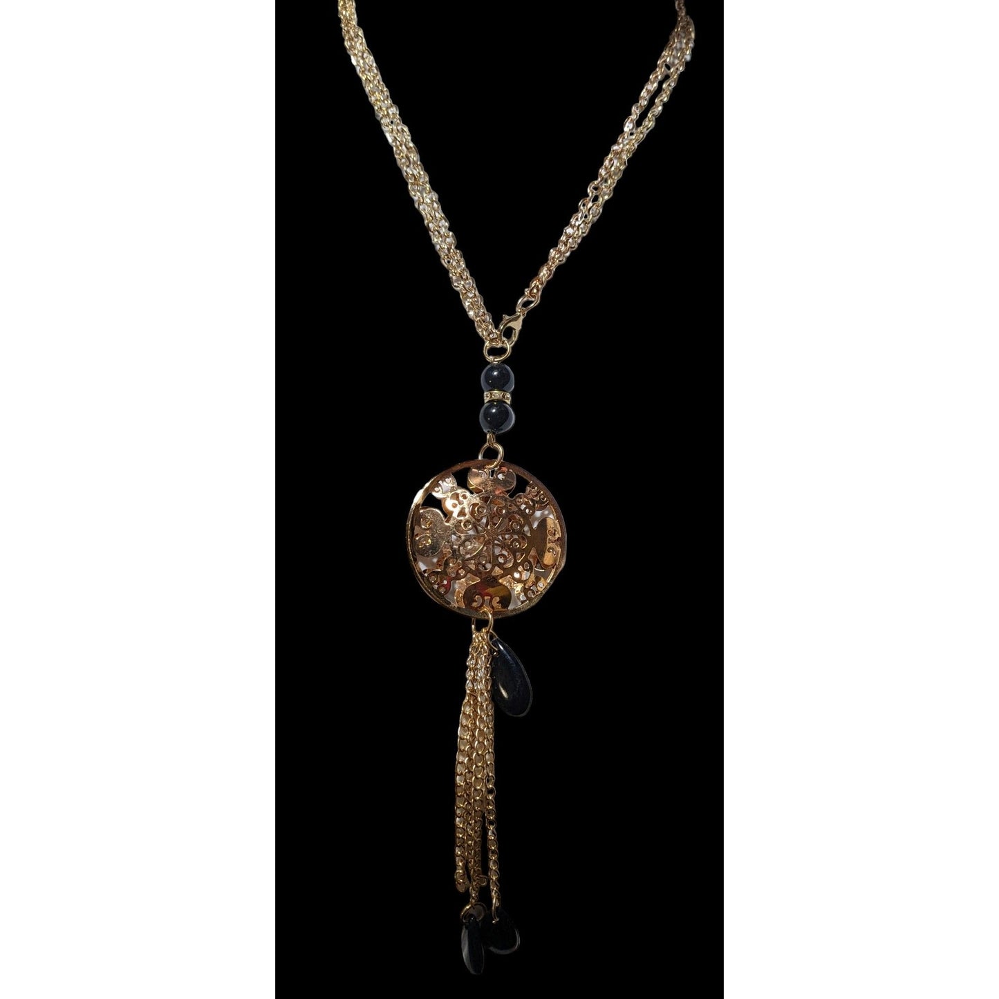 Gold Floral Crystal Filled Pendant Tassel Necklace