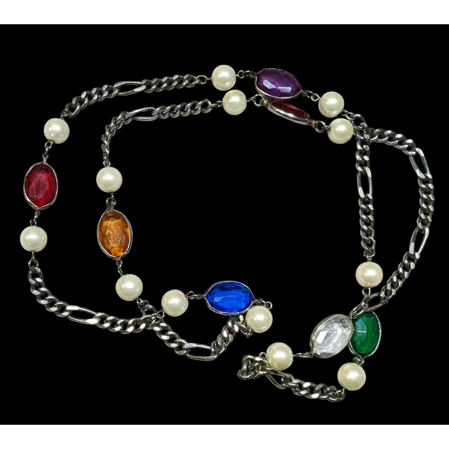 Vintage Faux Pearl And Rainbow Gem Station Necklace On Silver Tone Figaro Chain