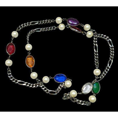 Vintage Faux Pearl And Rainbow Gem Station Necklace On Silver Tone Figaro Chain