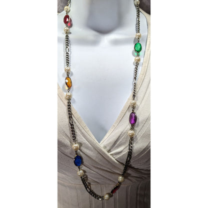 Vintage Faux Pearl And Rainbow Gem Station Necklace On Silver Tone Figaro Chain