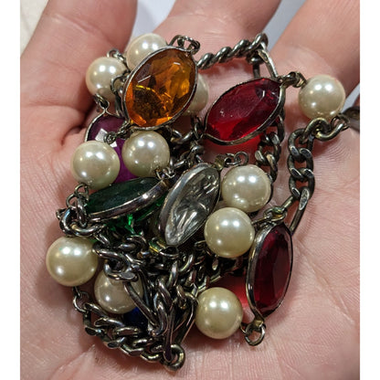 Vintage Faux Pearl And Rainbow Gem Station Necklace On Silver Tone Figaro Chain