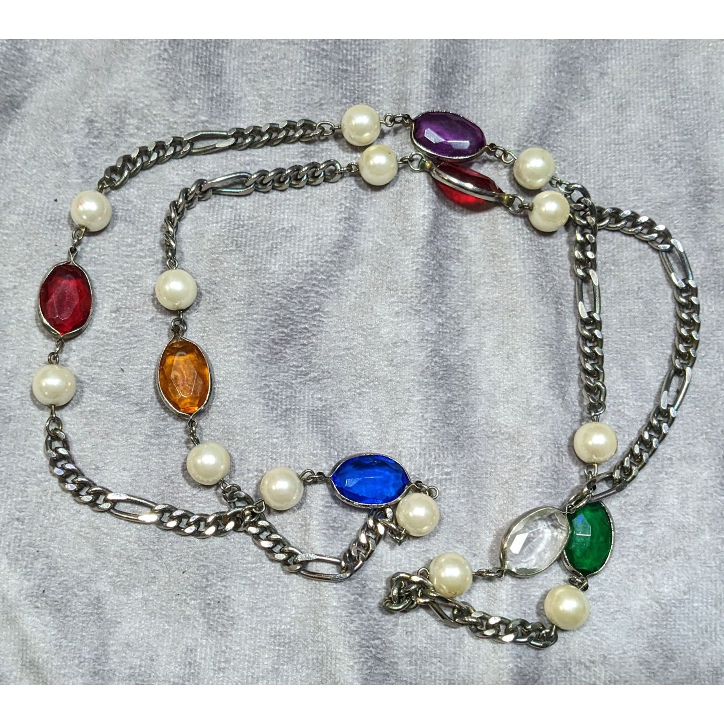 Vintage Faux Pearl And Rainbow Gem Station Necklace On Silver Tone Figaro Chain