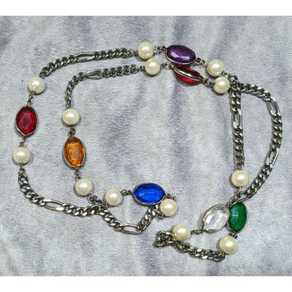 Vintage Faux Pearl And Rainbow Gem Station Necklace On Silver Tone Figaro Chain
