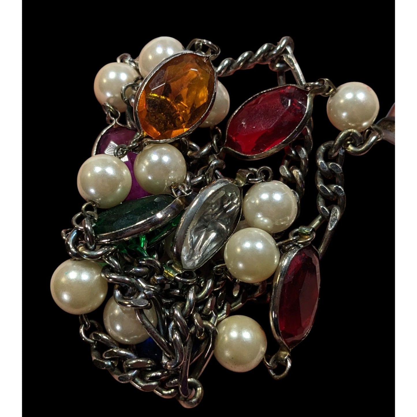 Vintage Faux Pearl And Rainbow Gem Station Necklace On Silver Tone Figaro Chain