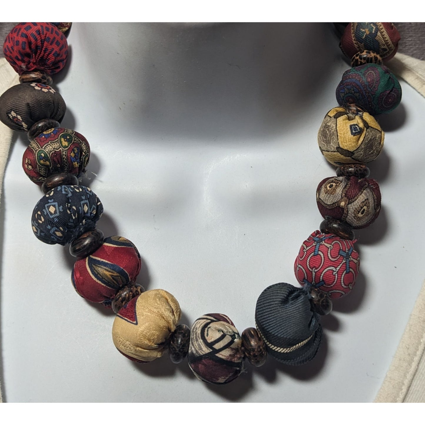 Vintage Rustic Silk Kantha Nut Earth Tone Necklace