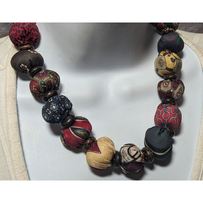 Vintage Rustic Silk Kantha Nut Earth Tone Necklace