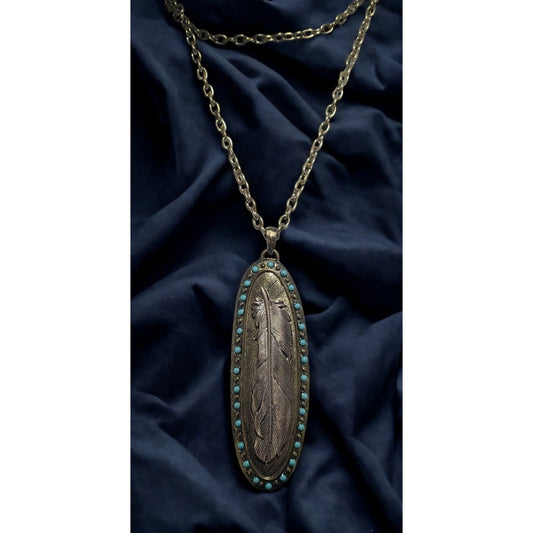 Bohemian Metal Turquoise Feather Pendant Necklace