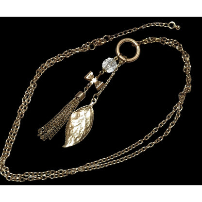 Gold Coquette Bow And  Leaf Tassel Necklace