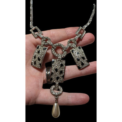 Retro Glam Silver Rhinestone Statement Necklace