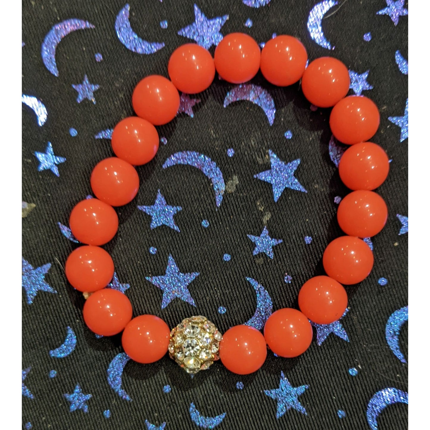 Neon Coral Rhinestone Beaded Stretch Bracelet