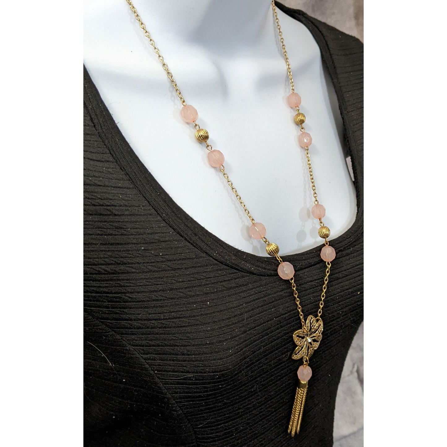 Pink And Gold Filigree Flower Tassel Necklace