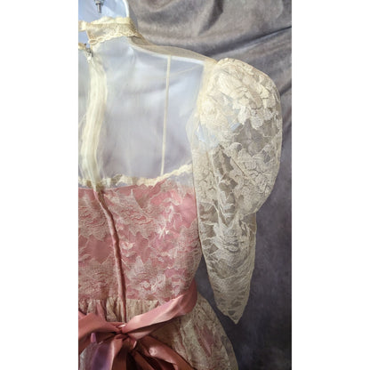 Vintage Handmade Pink Satin White Lace Floral Dress