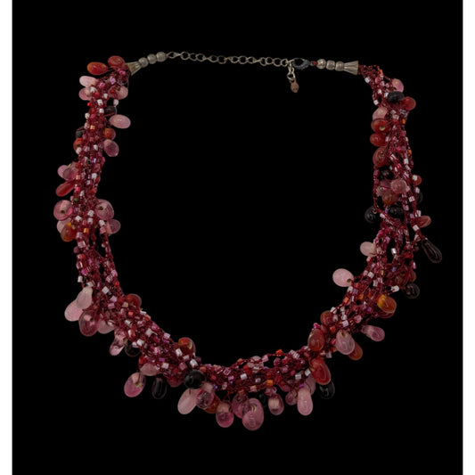 Vintage Handmade Red Beaded Fringe Necklace Multi Strand Glass Statement Necklace