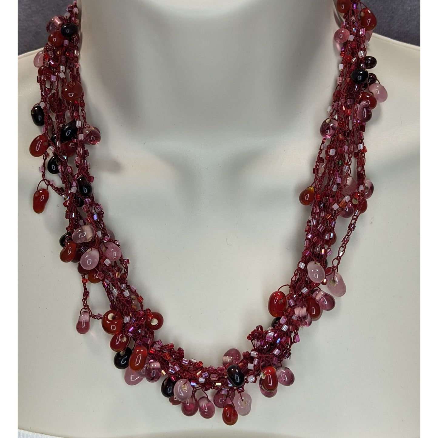 Vintage Handmade Red Beaded Fringe Necklace Multi Strand Glass Statement Necklace