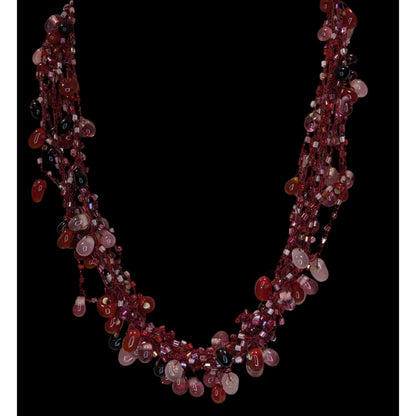Vintage Handmade Red Beaded Fringe Necklace Multi Strand Glass Statement Necklace
