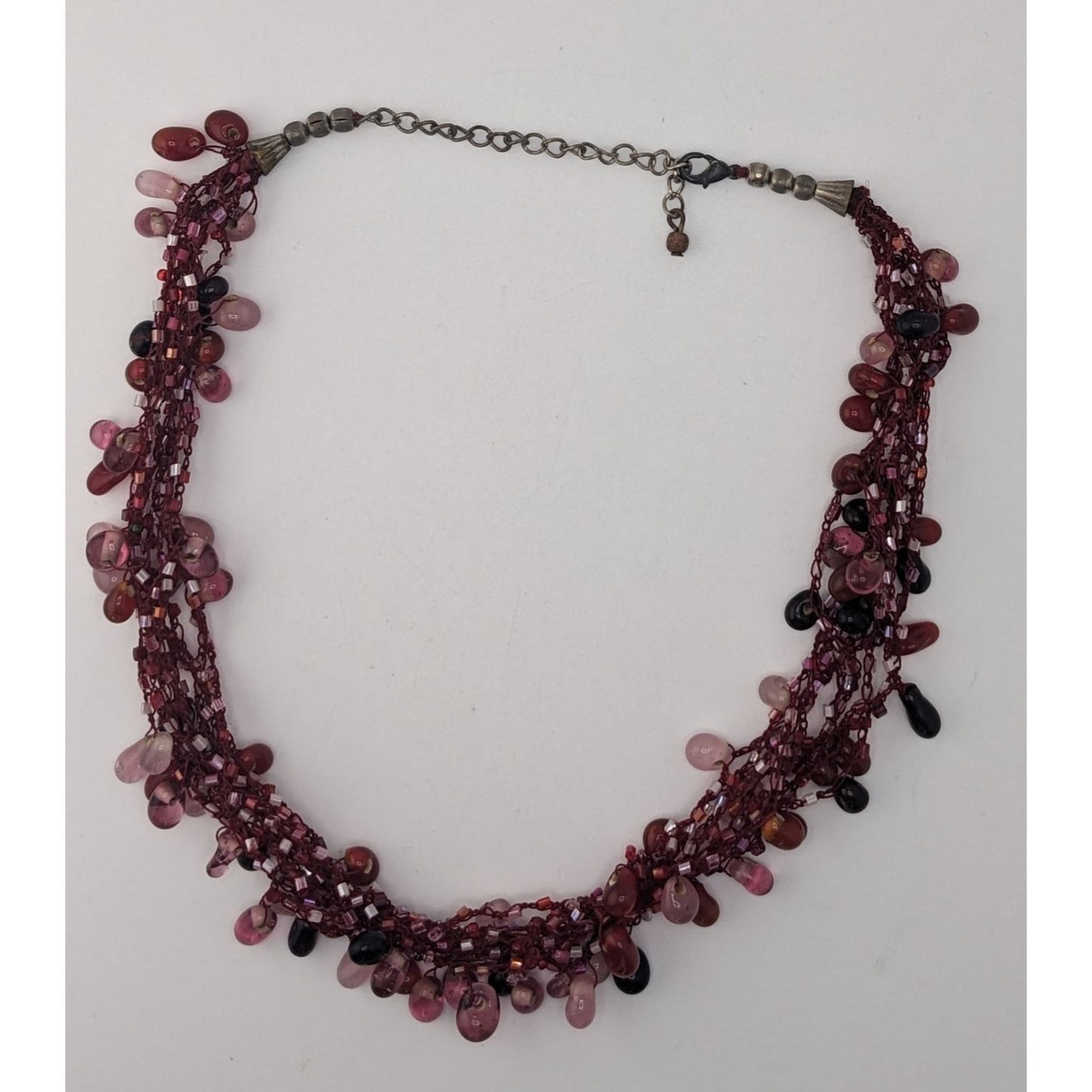 Vintage Handmade Red Beaded Fringe Necklace Multi Strand Glass Statement Necklace