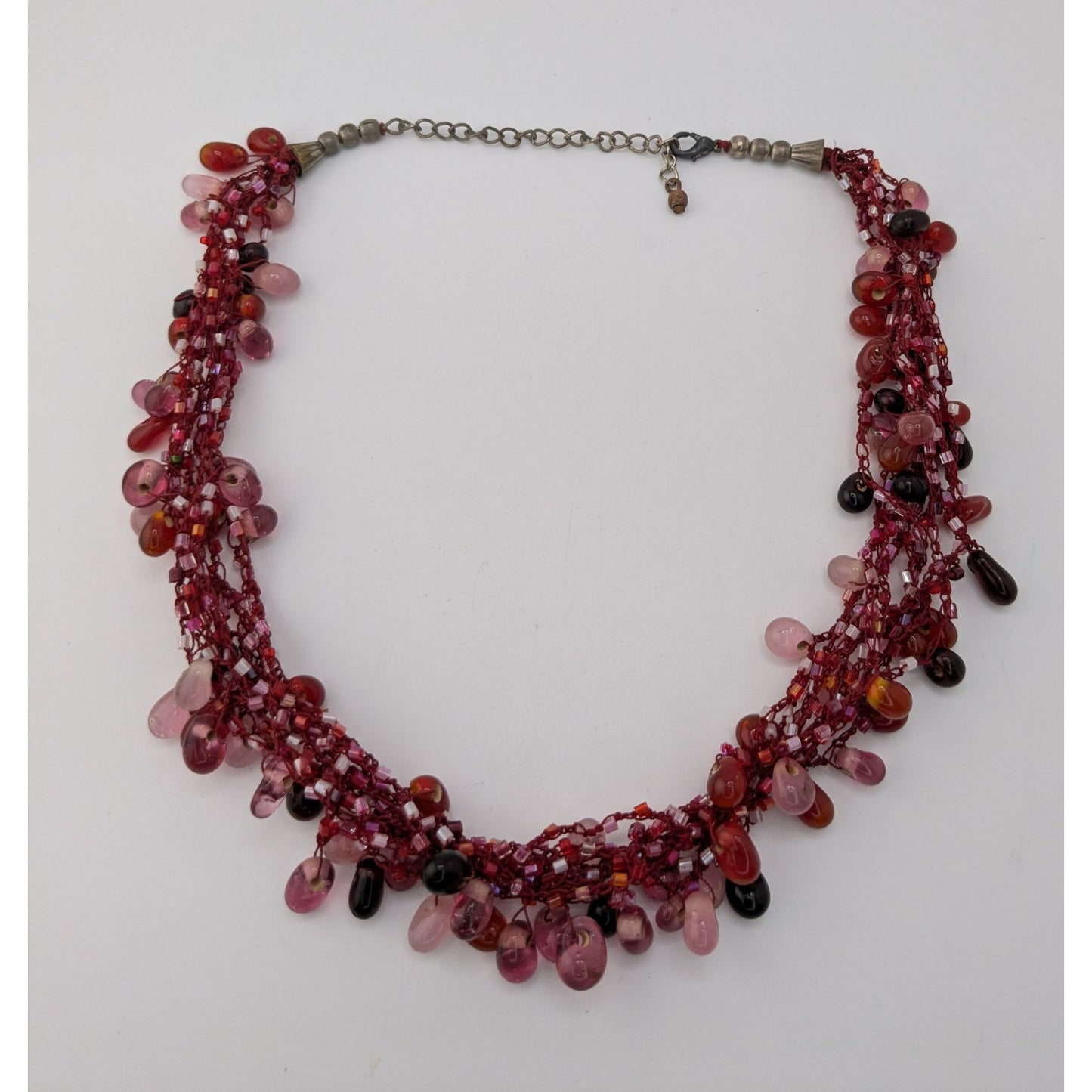 Vintage Handmade Red Beaded Fringe Necklace Multi Strand Glass Statement Necklace