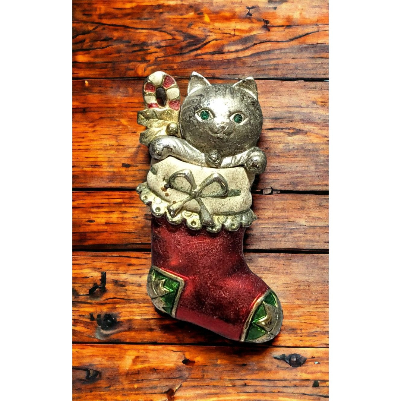 Vintage Danecraft Cat In Stocking Brooch