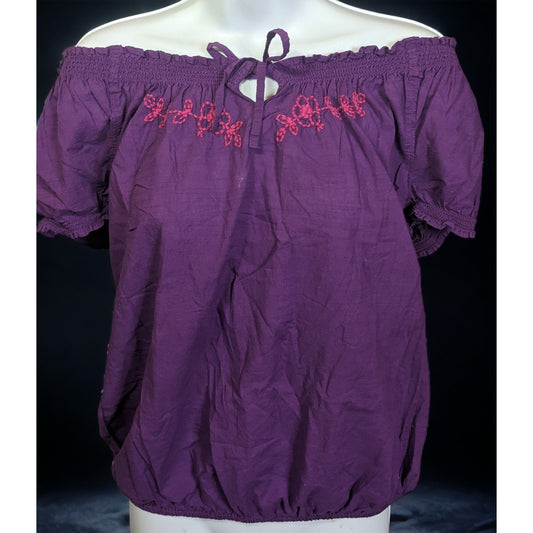 Faded Glory Purple Embroidered Peasant Top