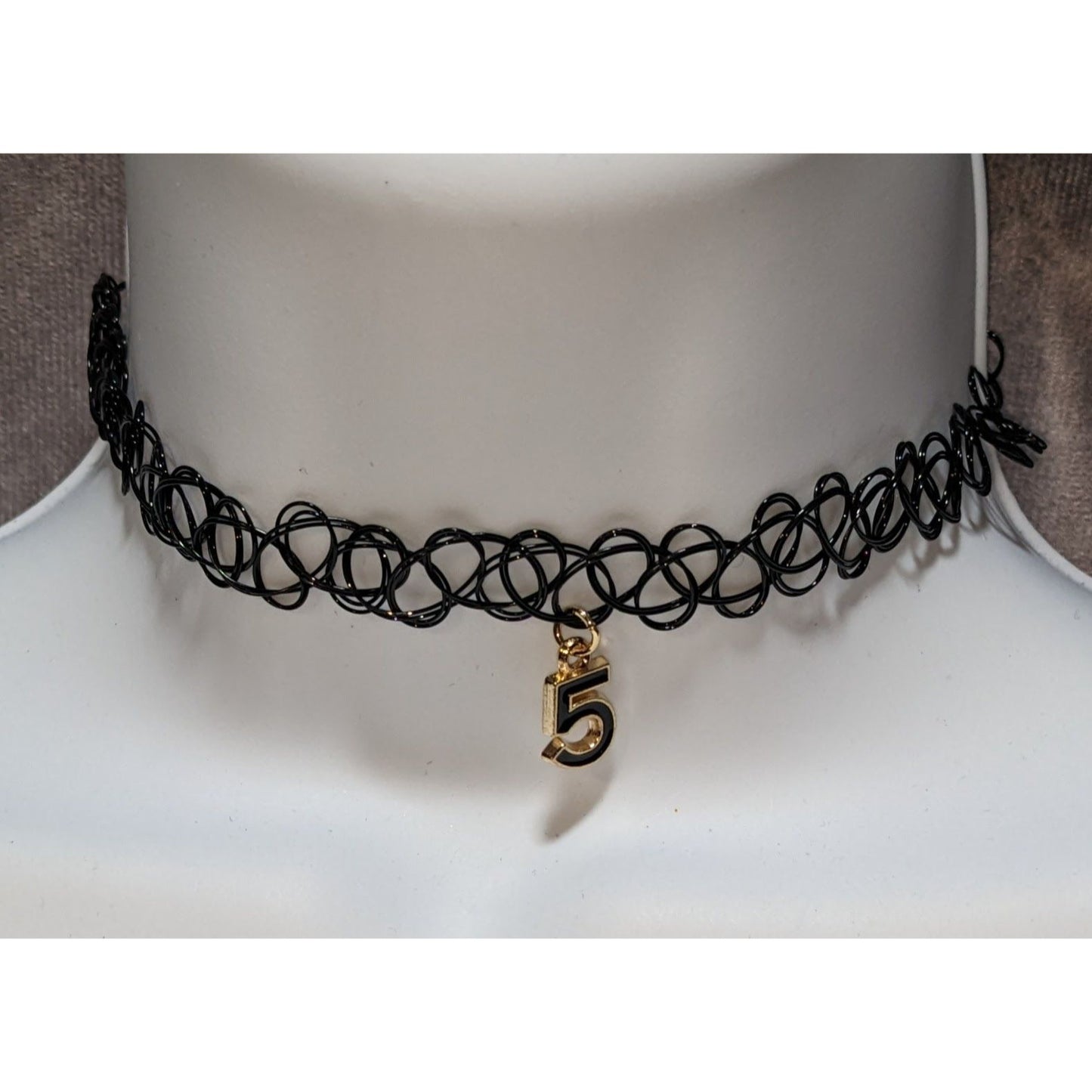 Black Stretchy Tattoo Choker Necklace With Gold Number 5 Charm Adjustable Fit 90s Style