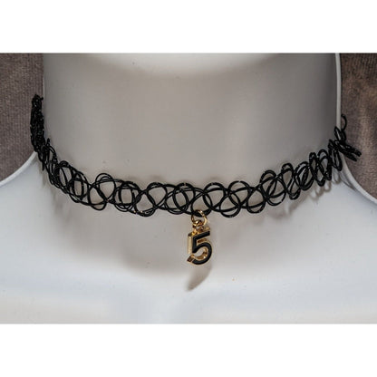 Black Stretchy Tattoo Choker Necklace With Gold Number 5 Charm Adjustable Fit 90s Style