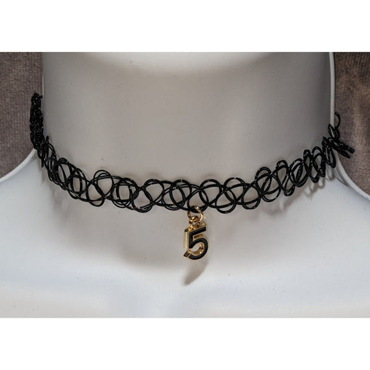 Black Stretchy Tattoo Choker Necklace With Gold Number 5 Charm Adjustable Fit 90s Style