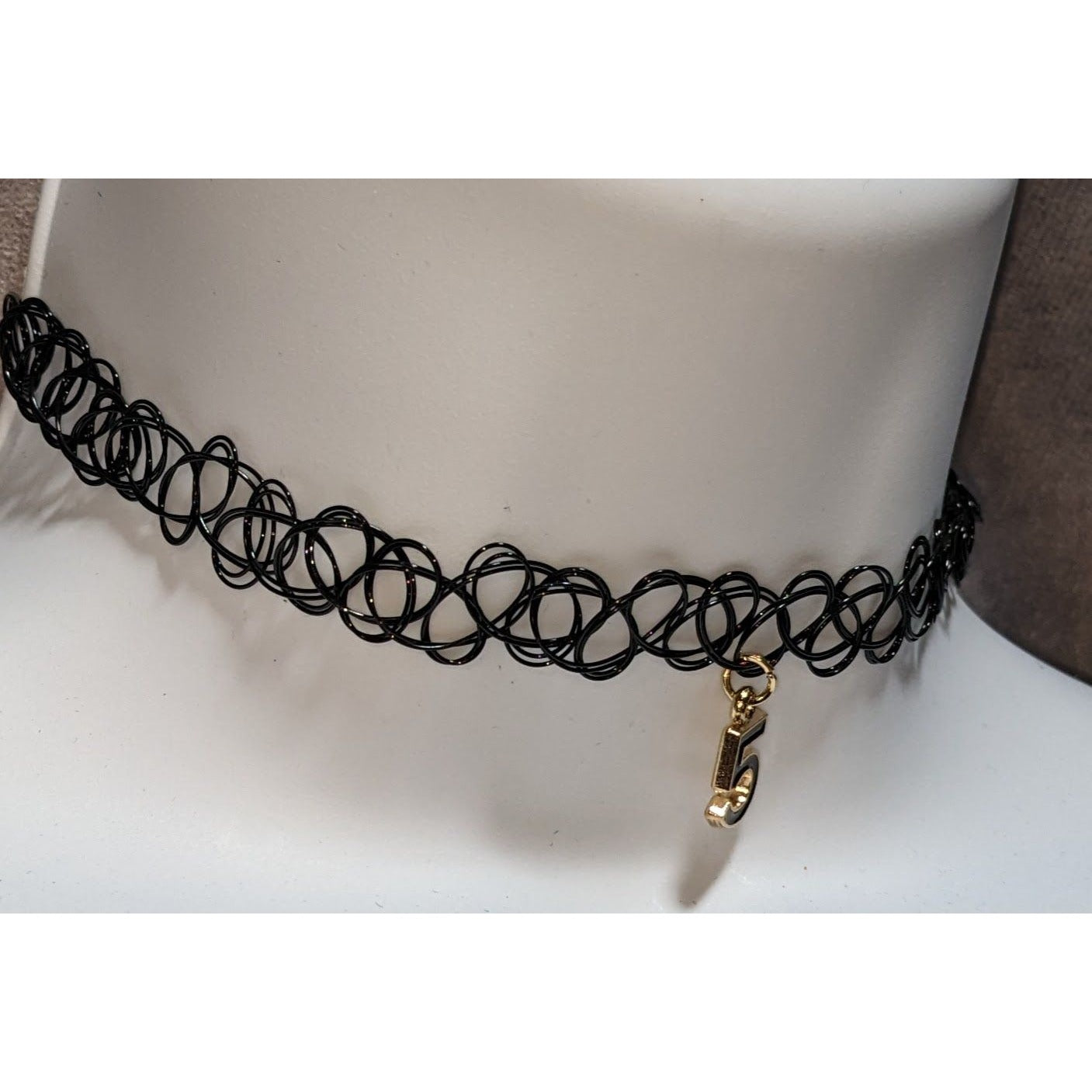 Black Stretchy Tattoo Choker Necklace With Gold Number 5 Charm Adjustable Fit 90s Style