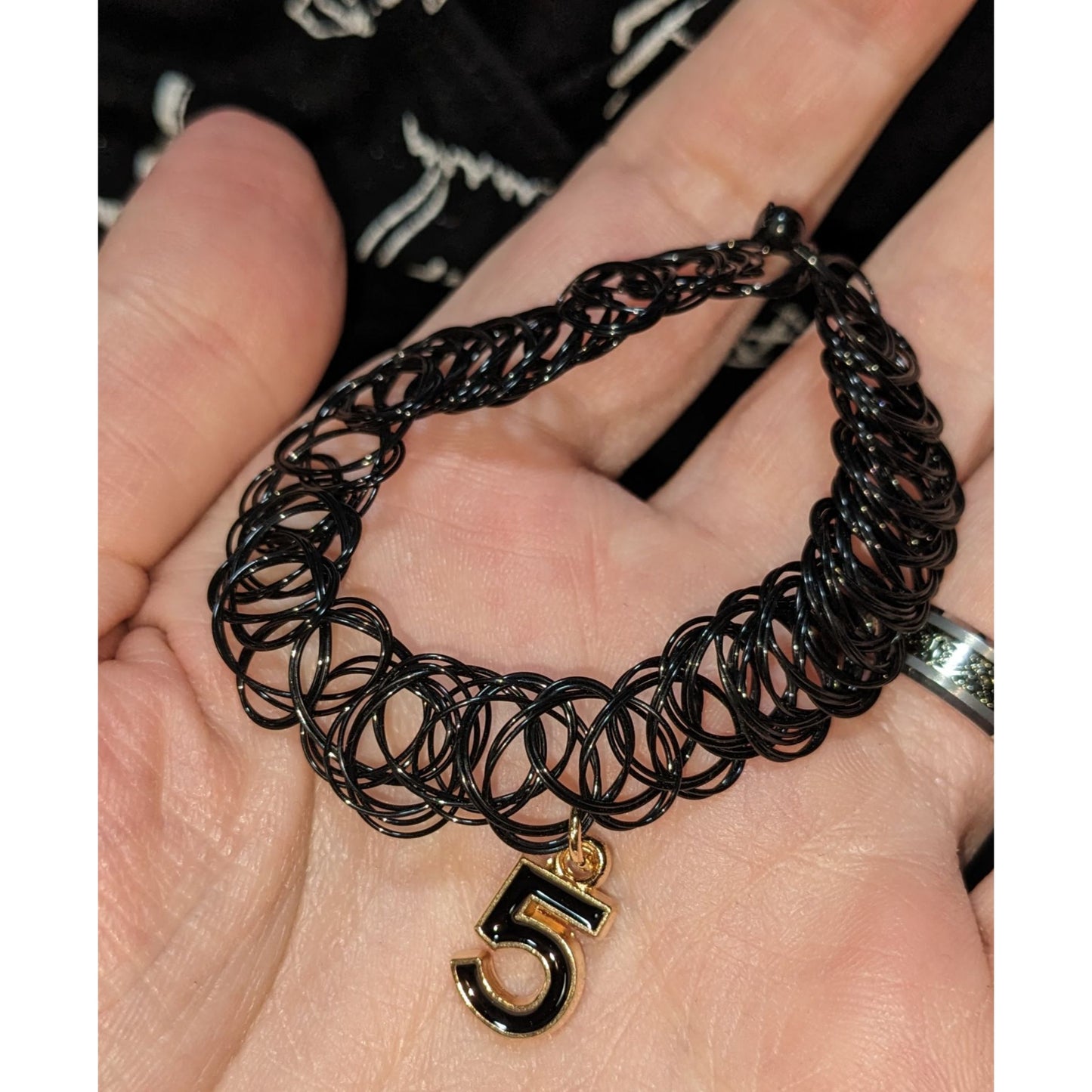 Black Stretchy Tattoo Choker Necklace With Gold Number 5 Charm Adjustable Fit 90s Style