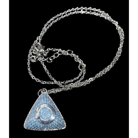 Blue And Silver Tone Pave Stone Triangle Pendant Necklace