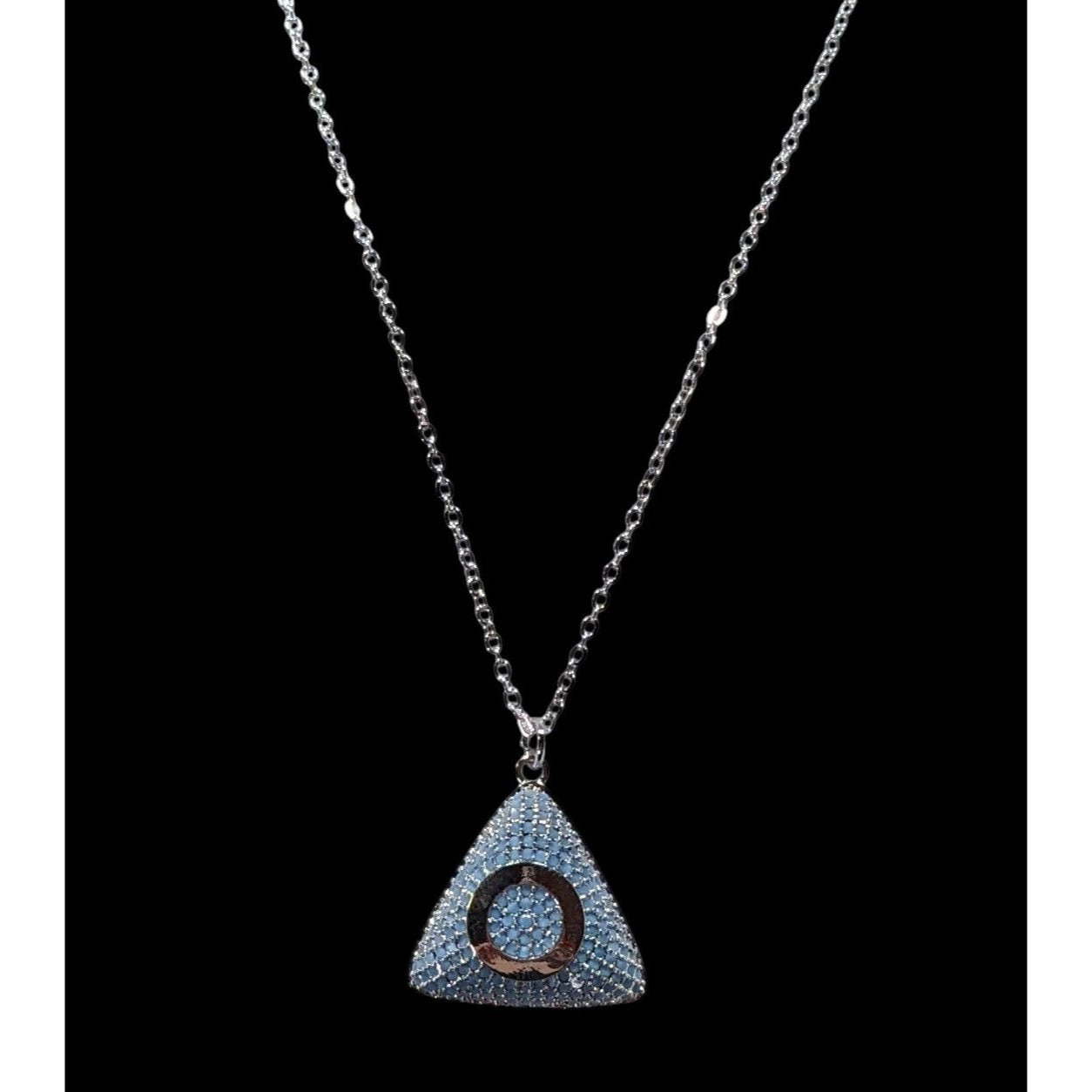 Blue And Silver Tone Pave Stone Triangle Pendant Necklace