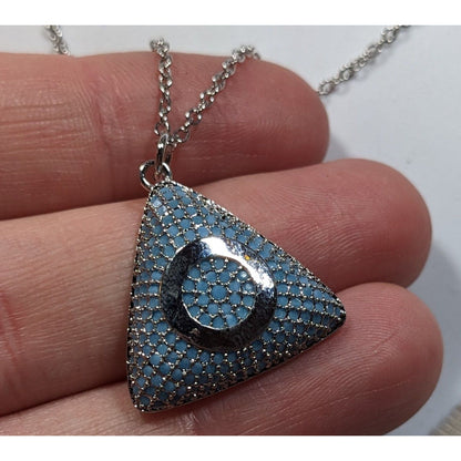 Blue And Silver Tone Pave Stone Triangle Pendant Necklace