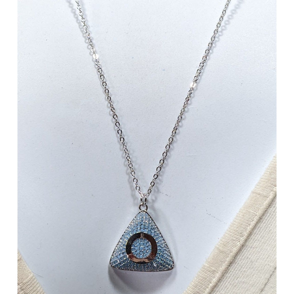Blue And Silver Tone Pave Stone Triangle Pendant Necklace