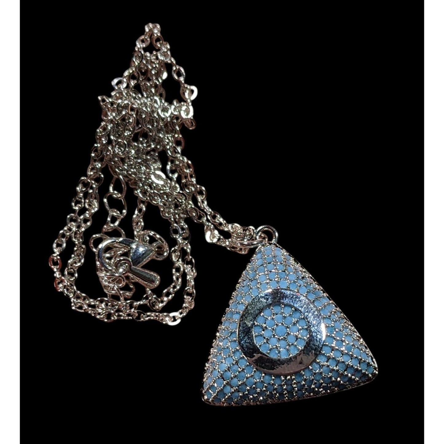 Blue And Silver Tone Pave Stone Triangle Pendant Necklace