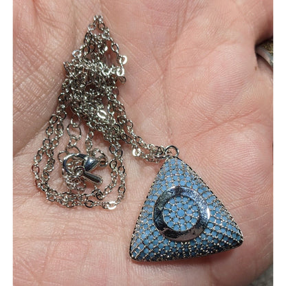 Blue And Silver Tone Pave Stone Triangle Pendant Necklace