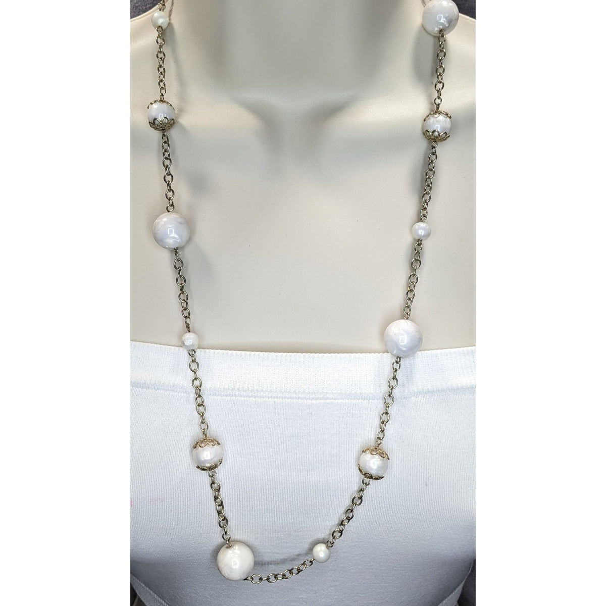 Vintage Coquette Romantic White Beaded Station Necklace Silver Tone