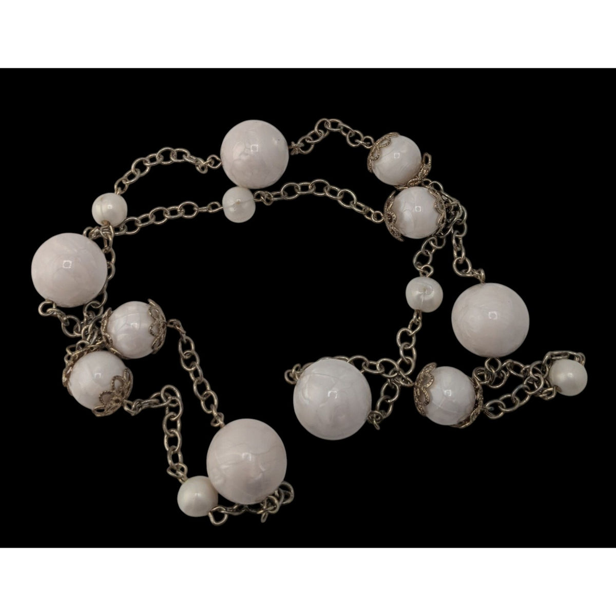 Vintage Coquette Romantic White Beaded Station Necklace Silver Tone