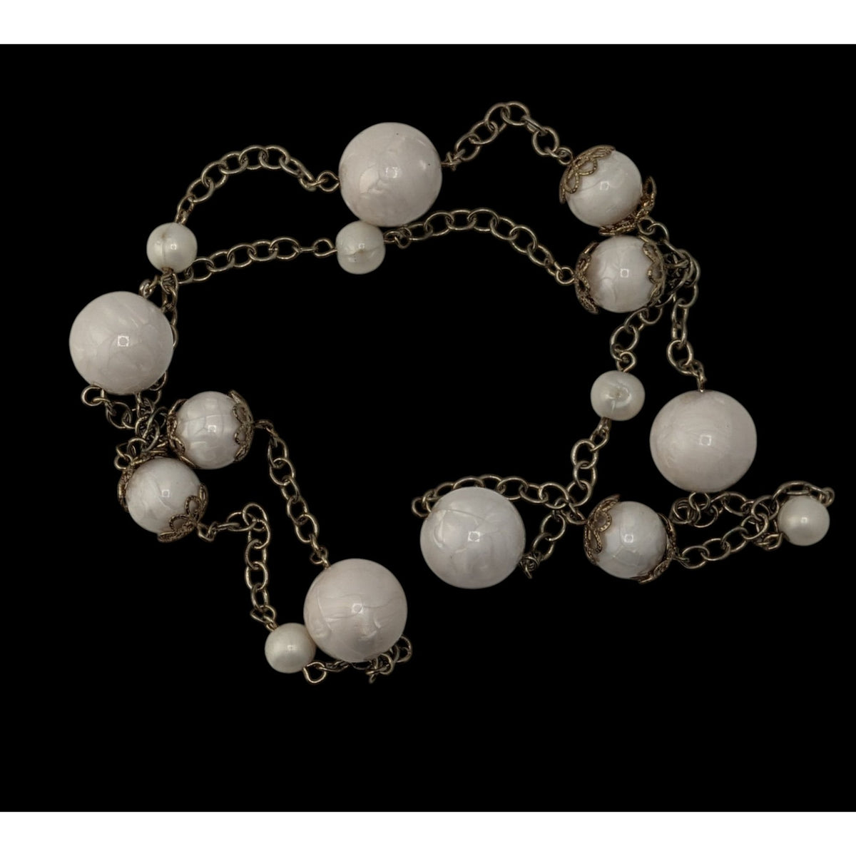 Vintage Coquette Romantic White Beaded Station Necklace Silver Tone