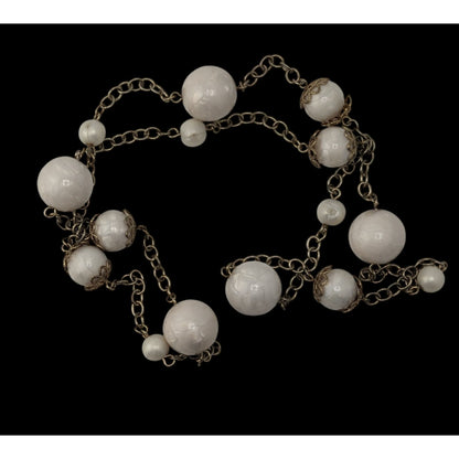 Vintage Coquette Romantic White Beaded Station Necklace Silver Tone