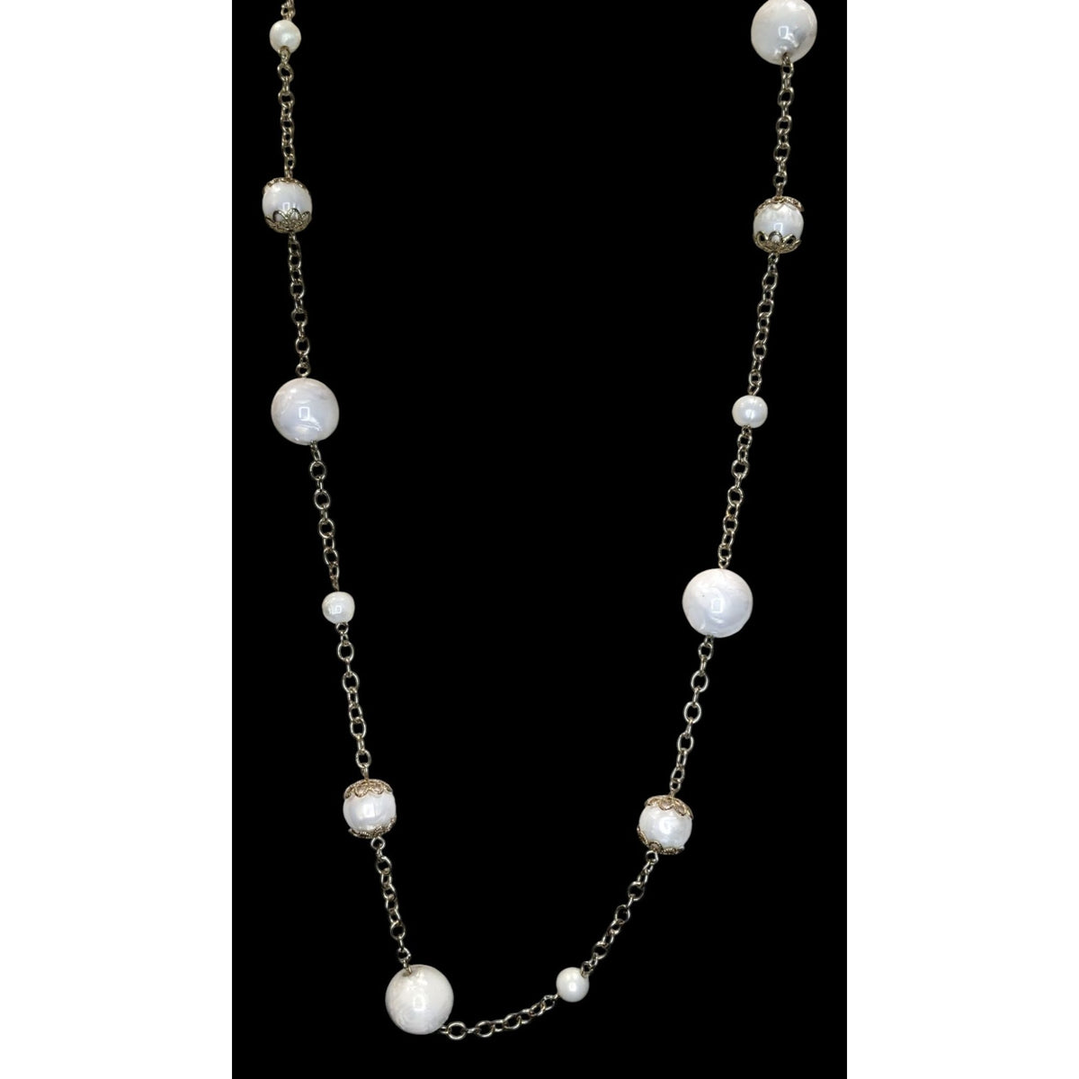 Vintage Coquette Romantic White Beaded Station Necklace Silver Tone
