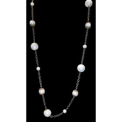Vintage Coquette Romantic White Beaded Station Necklace Silver Tone